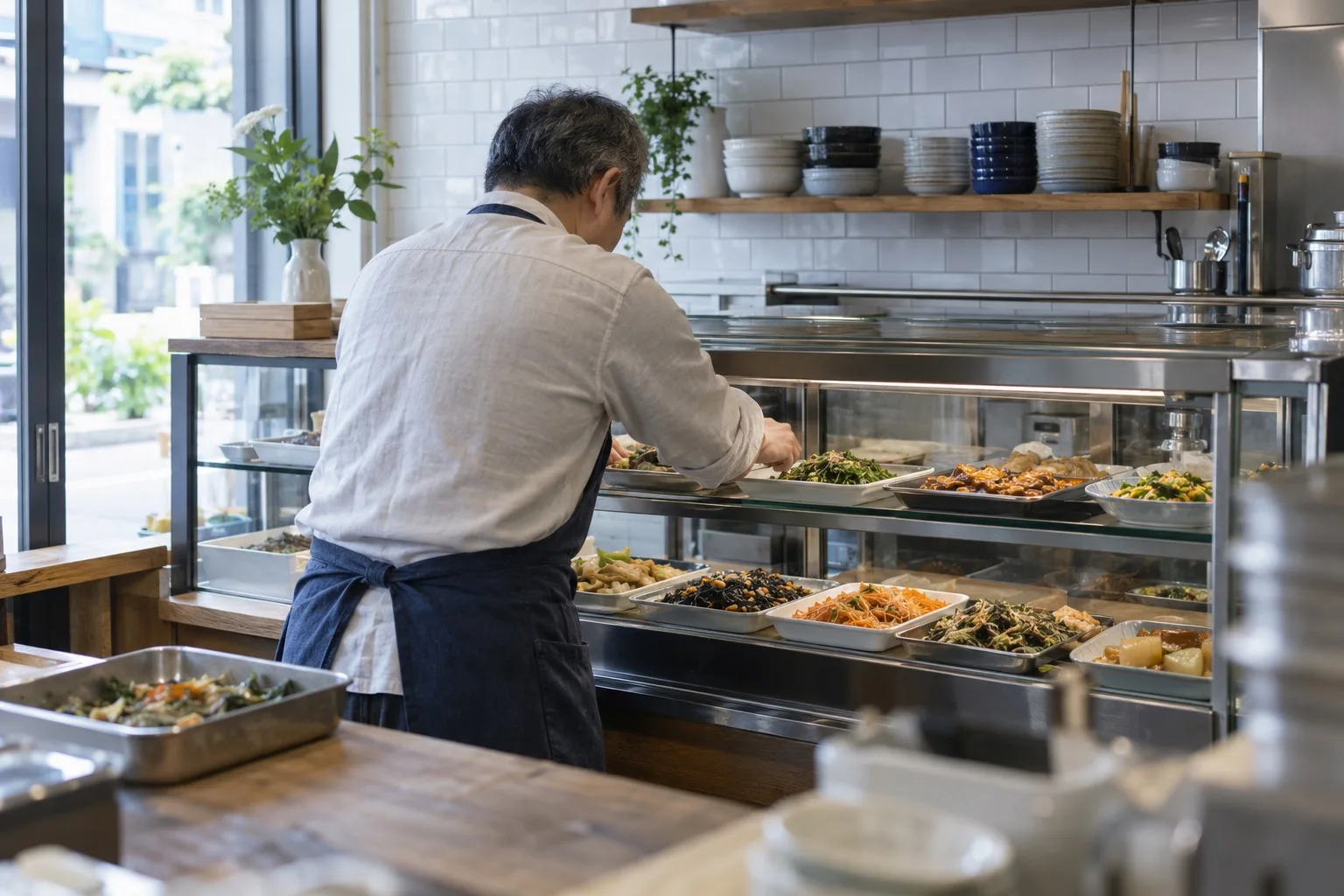 開店前の惣菜店で、ショーケースに惣菜を並べる店主の後ろ姿（イメージ・見本）